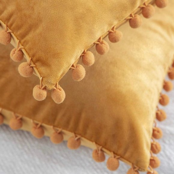 (Only Covers) Set of 2 Poms Poms Velvet Decorative Pillow Covers, Orange - Picture 2 of 2